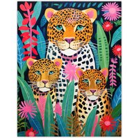 Artery8 Wall Art Print Leopard Family Vibrant Oil Painting Orange Pink Green Floral Jungle Wildlife Kids Bedroom Poster | Size: W24" x H32"