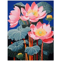 Artery8 Wall Art Print Blooming Lotus Flowers Detailed Graphic Painting Pink Blue Green Stylised Aquatic Plant Poster | Size: W24" x H32"