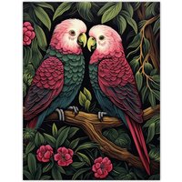 Artery8 Wall Art Print Pair of Parrots on a Blooming Tree Vintage Painting Burgundy Pink Green Lush Jungle Birds Portrait Poster | Size: W24" x H32"