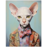 Artery8 Wall Art Print Stylish Sphynx Cat Oil Painting Pastel Colour Pet Portrait in Suit & Bow Tie Poster | Size: W24" x H32"