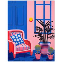 Artery8 Wall Art Print My Favourite Place Graphic Painting Pink Blue Cosy Armchair & Potted Plants Poster | Size: W24" x H32"