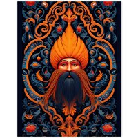 Artery8 Wall Art Print Sikh Guru & Botanical Pattern Vibrant Concept Art Orange Blue Vegetal Design Poster | Size: W24" x H32"