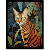 Artery8 Wall Art Print Bengal Cat Botanical Oil Painting Orange Green Blue Garden Plant Leaves Artwork Framed | Size: A4