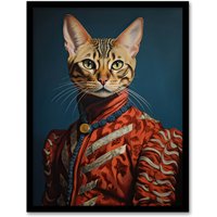 Artery8 Wall Art Print Bengal Aristocrat Oil Painting Orange Red Blue Cat Lover Pet Portrait Artwork Framed | Size: A4