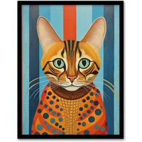 Artery8 Wall Art Print Bengal Cat Geometric Folk Art Portrait Orange Blue Oil Painting Artwork Framed | Size: A4