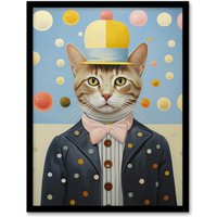 Wall Art Print Polka Dot Cat Surreal Oil Painting Quirky Pet Portrait Hat & Bow Tie Bedroom Artwork Framed A4