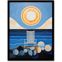 Artery8 Wall Art Print Beach Chair Daydream Oil Painting Blue Orange Abstract Seascape on a Sunny Day Bathroom Artwork Framed | Size: A4