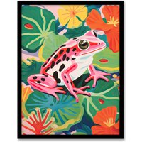Artery8 Wall Art Print Pink Frog on Lily Pads Vibrant Oil Painting Pond with Amphibian & Blooming Flowers Artwork Framed | Size: A4