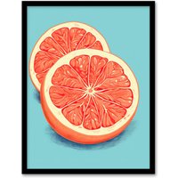 Artery8 Wall Art Print Sliced Grapefruit Duotone Painting Vibrant Blue Orange Kitchen Artwork Framed | Size: A4