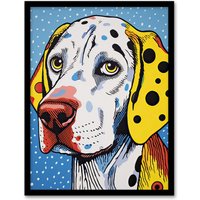Artery8 Wall Art Print Dalmatian Dog Pop Art Painting Yellow Orange Blue Roy Lichtenstein Style Vibrant Pet Portrait Artwork Framed | Size: A4
