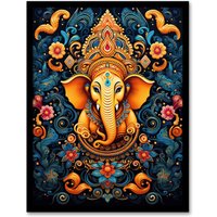 Artery8 Wall Art Print Ganesha & Flowers Hindu Concept Art Orange Blue Vibrant Ornate Floral Pattern Design with Elephant Artwork Framed | Size: A4