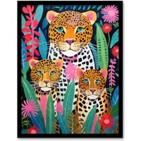 Artery8 Wall Art Print Leopard Family Vibrant Oil Painting Orange Pink Green Floral Jungle Wildlife Kids Bedroom Artwork Framed | Size: A4