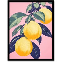 Artery8 Wall Art Print Lemon Tree Branch Pastel Colour Mauve Pink Green Kitchen Artwork Framed | Size: A4
