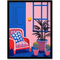 Artery8 Wall Art Print My Favourite Place Graphic Painting Pink Blue Cosy Armchair & Potted Plants Artwork Framed | Size: A4