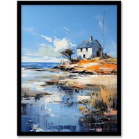 Artery8 Wall Art Print The Old White Crofters Cottage Oil Painting Palette Knife Blue Orange Serene Scottish Coastal Landscape Artwork Framed