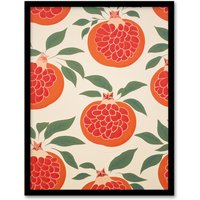 Artery8 Wall Art Print Sliced Pomegranates Kitchen Artwork Orange Pink Green Retro Decorative Pattern Artwork Framed | Size: A4