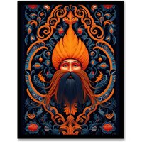 Artery8 Wall Art Print Sikh Guru & Botanical Pattern Vibrant Concept Art Orange Blue Vegetal Design Artwork Framed | Size: A4
