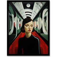 Artery8 Wall Art Print Futuristic Train Ride Oil Painting Black Red Green Modern Art Deco Woman Portrait Artwork Framed | Size: A4