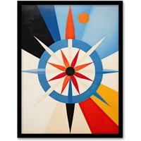Artery8 Wall Art Print Follow the Sun Abstract Geometric Oil Painting Blue Orange Cream Compass Star Hilma af Klint Style Artwork Framed | Size: A4
