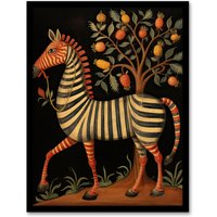 Artery8 Wall Art Print Whimsical Zebra Posing by Fruit Tree Orange Grey Green Medieval Bestiary Style Surreal Oil Painting Artwork Framed | Size: A4