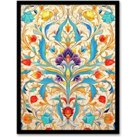 Artery8 Wall Art Print Vibrant Arabesque Flower Design Purple Orange Blue Ornate Symmetrical Floral Pattern Artwork Framed | Size: W12" x H16"