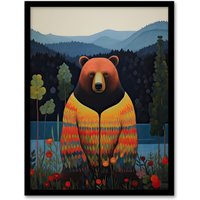 Artery8 Wall Art Print Hippie Bear by Lake Colourful Oil Painting Orange Blue Green Forest Landscape Kids Bedroom Artwork Framed | Size: W12" x H16"