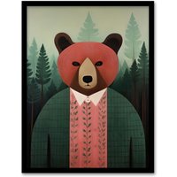 Wall Art Print Mr Bear Portrait Oil Painting Pink Brown Misty Forest Landscape Bedroom Artwork Framed W12" x H16"