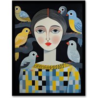 Artery8 Wall Art Print The Bird Lady Surreal Oil Painting Blue Yellow Grey Dryad Portrait Artwork Framed | Size: W12" x H16"