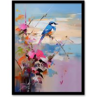 Artery8 Wall Art Print Kingfisher Bird & Flowers Oil Painting Abstract Sandy Beach Artwork Framed in Blue | Size: W12" x H16"