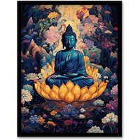 Artery8 Wall Art Print Buddha in Lotus Flower Nirvana Concept Art Blue Orange Pink Floral Psychedelic Painting Artwork Framed | Size: W12" x H16"