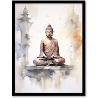 Artery8 Buddha Vihara Meditation Prayer Soft Neutral Watercolour Framed Art in Grey | Size: W12" x H16"