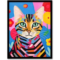 Wall Art Print Abstract Stripey Cat Vibrant Oil Painting Bright Floral Pet Portrait Bedroom Artwork Framed W12" x H16"