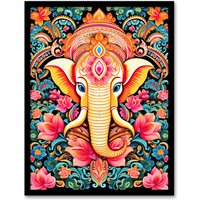 Artery8 Wall Art Print Hindu Floral Pattern with Elephant Vibrant Painting Orange Pink Blue Ganesha Ornate Flower Design Artwork Framed