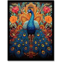 Artery8 Wall Art Print Royal Peacock Oil Painting Blue Orange Pink Exotic Bird Symmetrical Floral Portrait Artwork Framed | Size: W12" x H16"