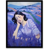 Artery8 Wall Art Print Dream of Lavender Fields Oil Painting Sleeping Woman in Peaceful Flower Landscape Artwork Framed in Purple | Size: W12" x H16"