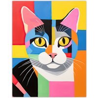 Artery8 Wall Art Print Abstract Tabby Cat Oil Painting Vibrant Geometric Fun Pet Portrait Poster | Size: W12" x H16"