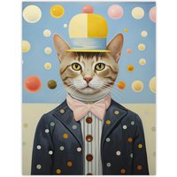 Wall Art Print Polka Dot Cat Surreal Oil Painting Quirky Pet Portrait Hat & Bow Tie Bedroom Artwork Poster W12" x H16"