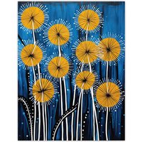 Artery8 Wall Art Print Dandelion Flower Seeds Gond Style Painting Blue Yellow Abstract Summer Meadow Patterns Poster | Size: W12" x H16"