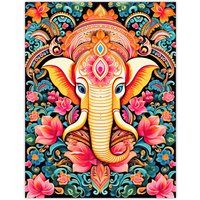 Artery8 Wall Art Print Hindu Floral Pattern with Elephant Vibrant Painting Orange Pink Blue Ganesha Ornate Flower Design Poster | Size: W12" x H16"