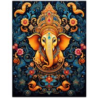 Artery8 Wall Art Print Ganesha & Flowers Hindu Concept Art Orange Blue Vibrant Ornate Floral Pattern Design with Elephant Poster | Size: W12" x H16"