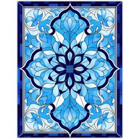 Artery8 Wall Art Print Islamic Vegetal Pattern Blue & White Stained Glass Inspired Geometric Floral Design Poster | Size: W12" x H16"