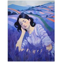 Artery8 Wall Art Print Dream of Lavender Fields Oil Painting Sleeping Woman in Peaceful Flower Landscape Poster in Purple | Size: W12" x H16"