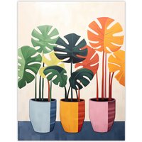 Artery8 Wall Art Print Trio of Colourful Monstera Cheese Plant Pots Botanical Oil Painting Poster | Size: W12" x H16"