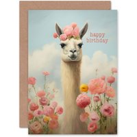 Artery8 Women's Happy Birthday Llama & Peonies Flowers Teen For Her Mum Daughter Wife Sister Greeting Card in Pink