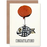 Artery8 Congratulations Abstract Oil Painting Balloon Fish Fun For Him Her Greeting Card in Beige