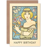 Artery8 Birthday Art Nouveau French Paul Berthon Salon Des Cent For Her Wife Mother Sister Greeting Card in Blue