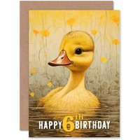 Artery8 Kids Birthday Age 6 Cute Sweet Duckling Duck Pond Flowers For Child Girl Daughter Greeting Card in Yellow