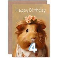 Artery8 Kids Birthday Age 4 Dressed Up Guinea Pig Lover For Child Daughter Girl Greeting Card in Light Brown