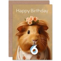 Artery8 Kids Birthday Age 6 Dressed Up Guinea Pig Lover For Child Daughter Girl Greeting Card in Light Brown