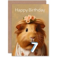 Artery8 Kids Birthday Age 7 Dressed Up Guinea Pig Lover For Child Daughter Girl Greeting Card in Light Brown